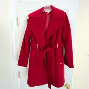 MICHAEL Michael Kors Wool  Red Belted Coat Gold Hardware Mid-Length Size M
